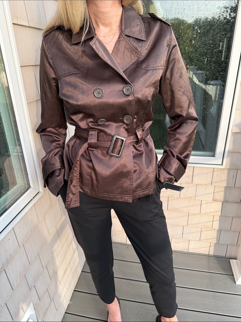 Miss Lili Vintage Y2K Brown Satin Trench Jacket Belt 90s Carolyn Bessette Preppy